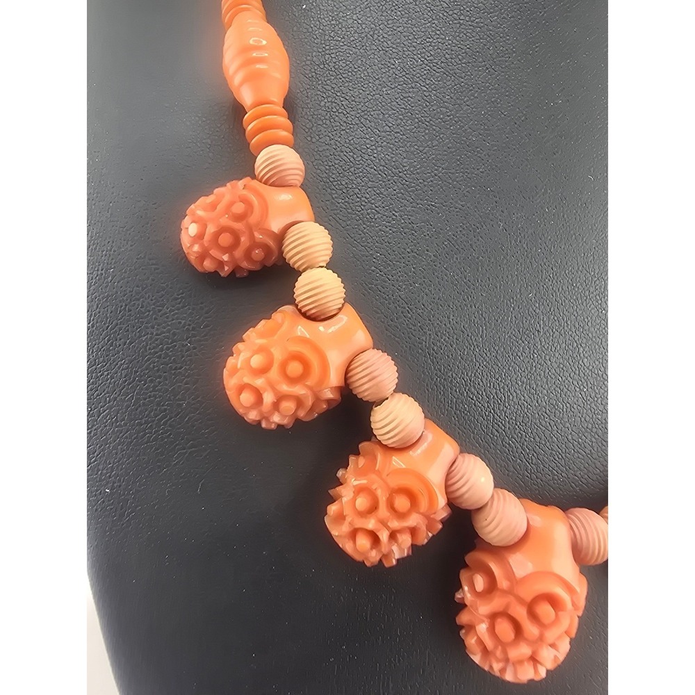 Vintage Estate Necklace Orange Carved Floral Beaded Barrel Clasp 17in